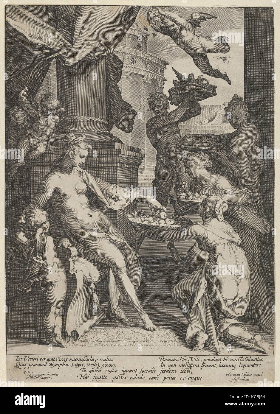 Venus Honored by the Nymphs, ca. 1591, Engraving, Sheet: 11 1/8 × 7 7/8 in. (28.2 × 20 cm), Prints, Jan Muller (Netherlandish Stock Photo