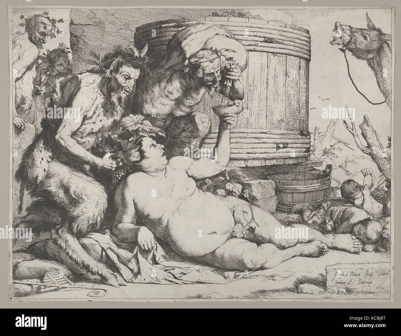 Drunken Silenus holding a cup aloft into which a Satyr pours wine, Jusepe de Ribera, 1628 Stock Photo