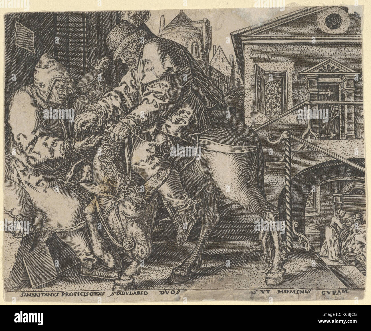 Copy of The Good Samaritan Paying the Innkeeper for the Care of the Wounded Man, after Heinrich Aldegrever, after 1554 Stock Photo