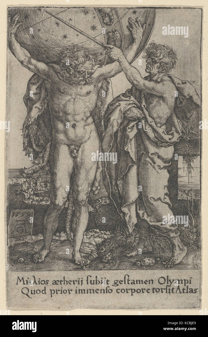 Hercules and Atlas, from The Labors of Hercules, Heinrich Aldegrever, 1550 Stock Photo