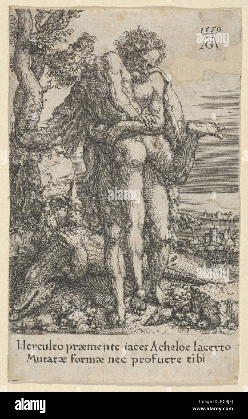 Hercules Fighting the River-God Achelous, from The Labors of Hercules, Heinrich Aldegrever, 1550 Stock Photo