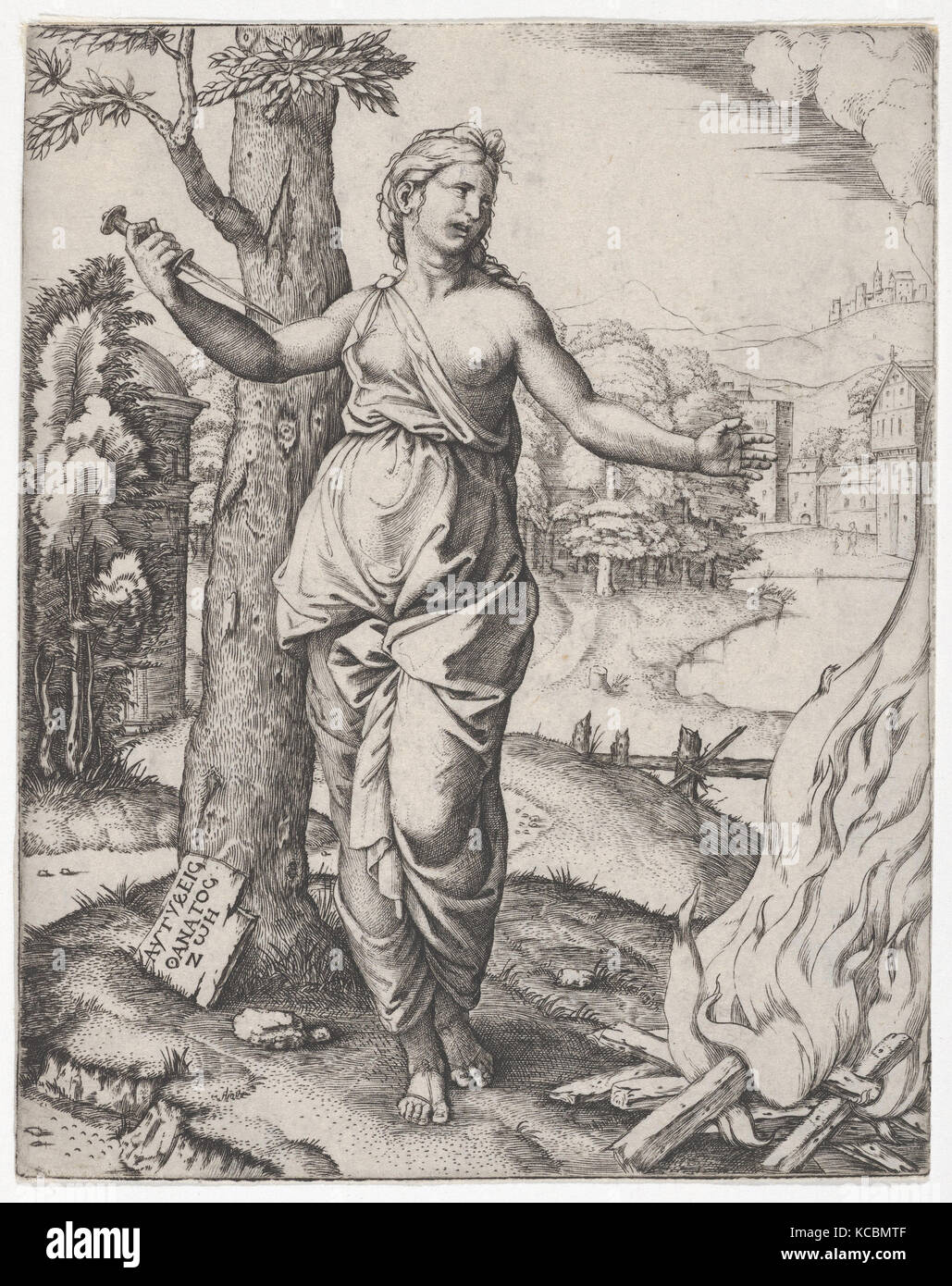 Dido holding a dagger in her right hand, left arm outstreched, Marcantonio Raimondi, ca. 1510 Stock Photo