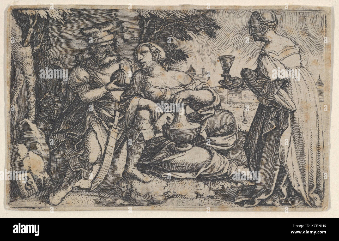 Lot and His Daughters, Engraving, Sheet: 1 15/16 × 3 1/16 in. (4.9 × 7.7 cm), Prints, Georg Pencz (German, Wroclaw ca. 1500–1550 Stock Photo