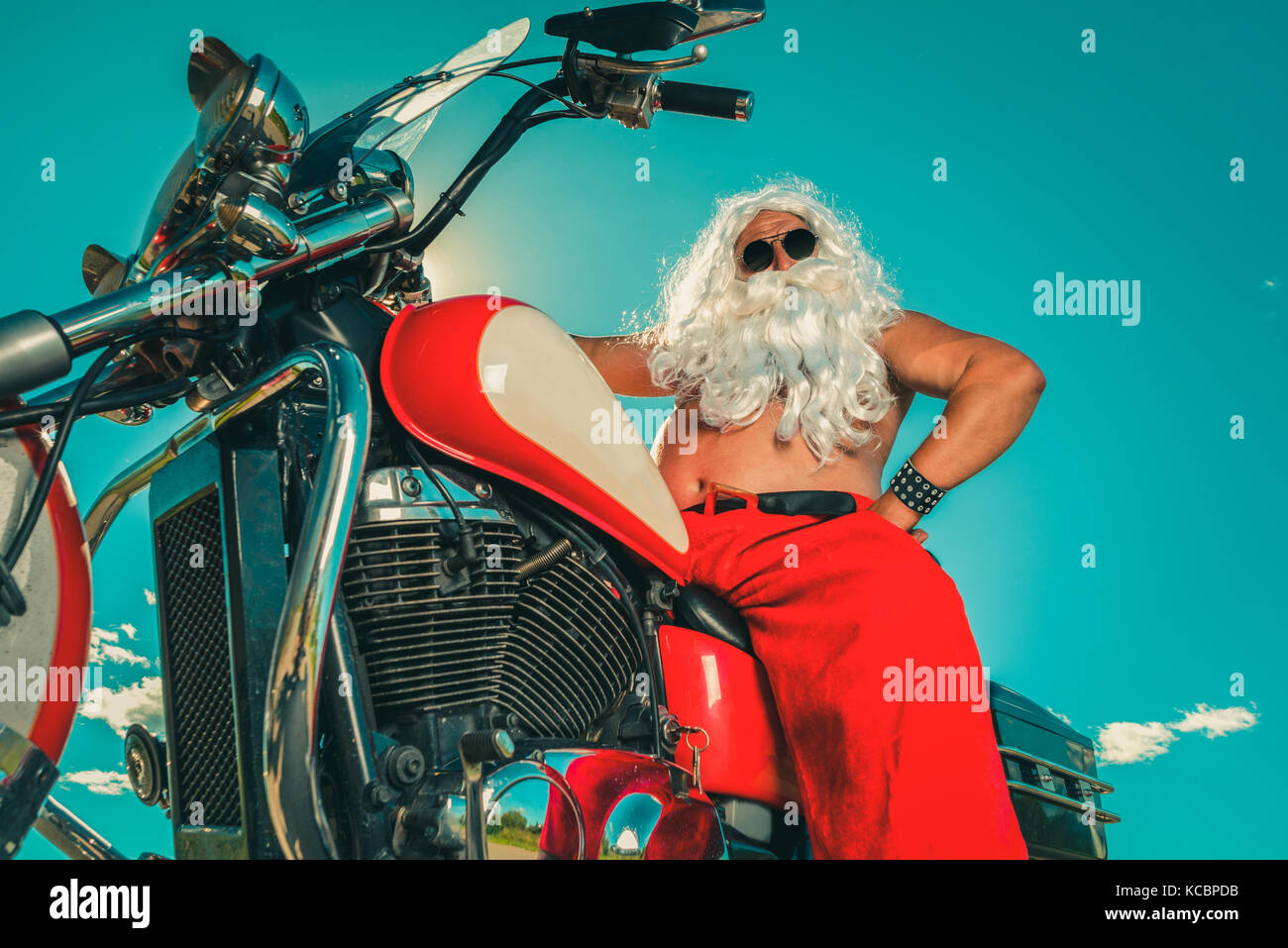 Santa on a motorcycle Stock Photo