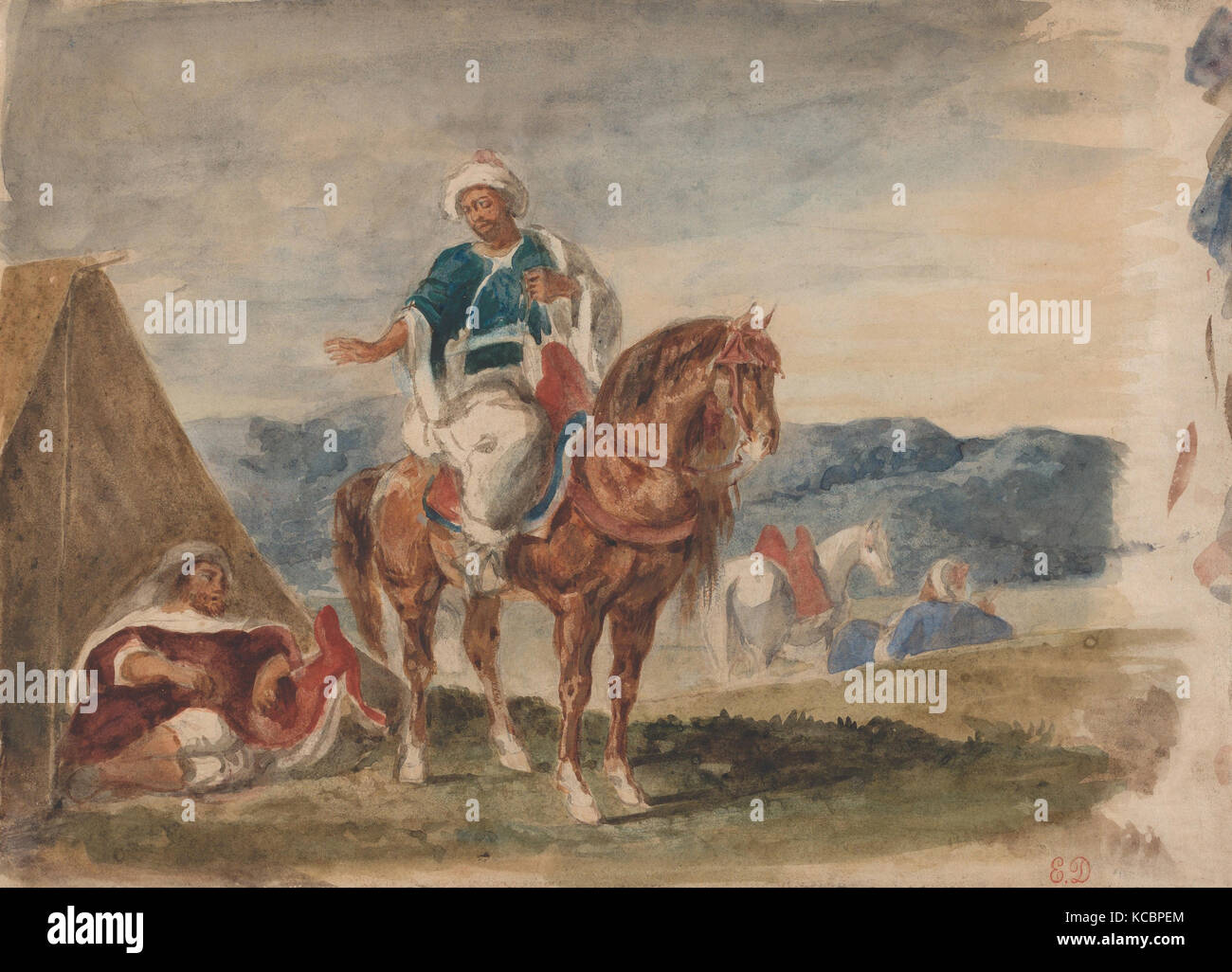 Three Arab Horsemen at an Encampment, Eugène Delacroix, ca. 1832 Stock Photo