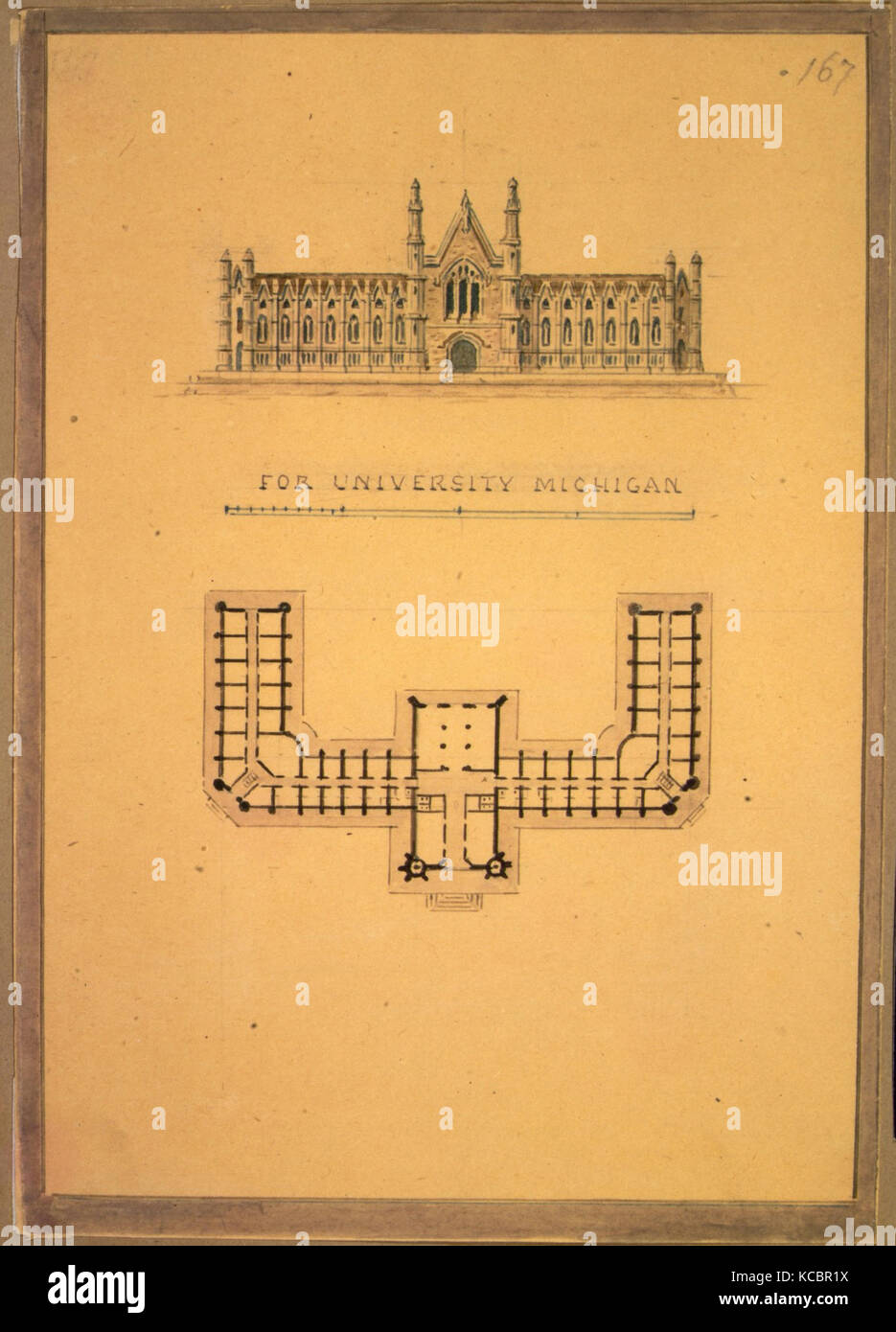 Design for University of Michigan (elevation and plan), Alexander Jackson Davis, ca. 1838–39 Stock Photo