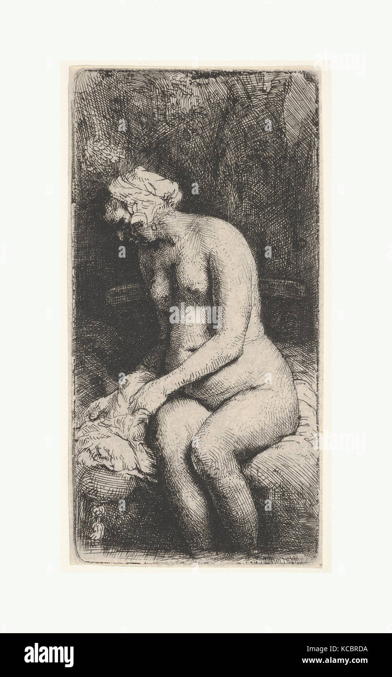 Woman Bathing, 1658, Etching, sheet: 6 5/16 x 3 1/4 in. (16.1 x 8.2 cm), Prints, Rembrandt (Rembrandt van Rijn) (Dutch, Leiden Stock Photo