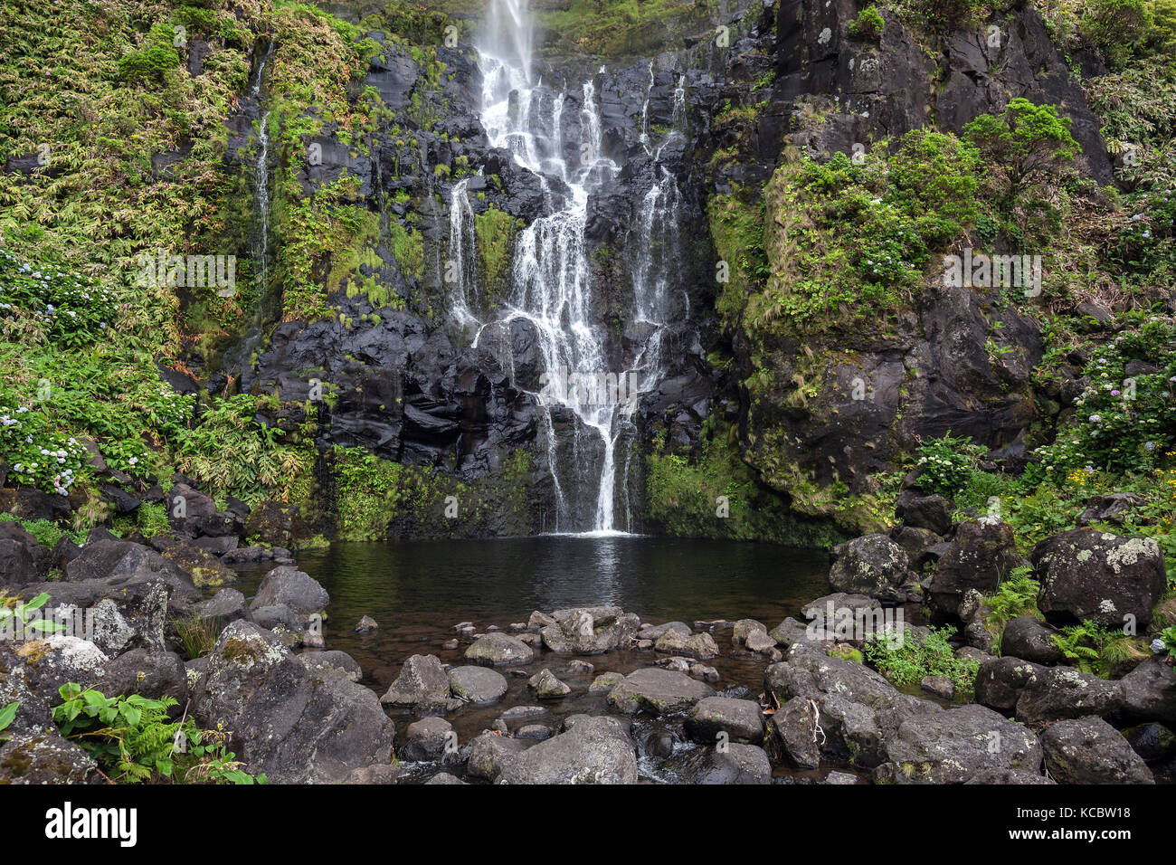 Waterfall Poca do Bacalhau, Faja Grande, Island of Flores, Azores, Portugal Stock Photo