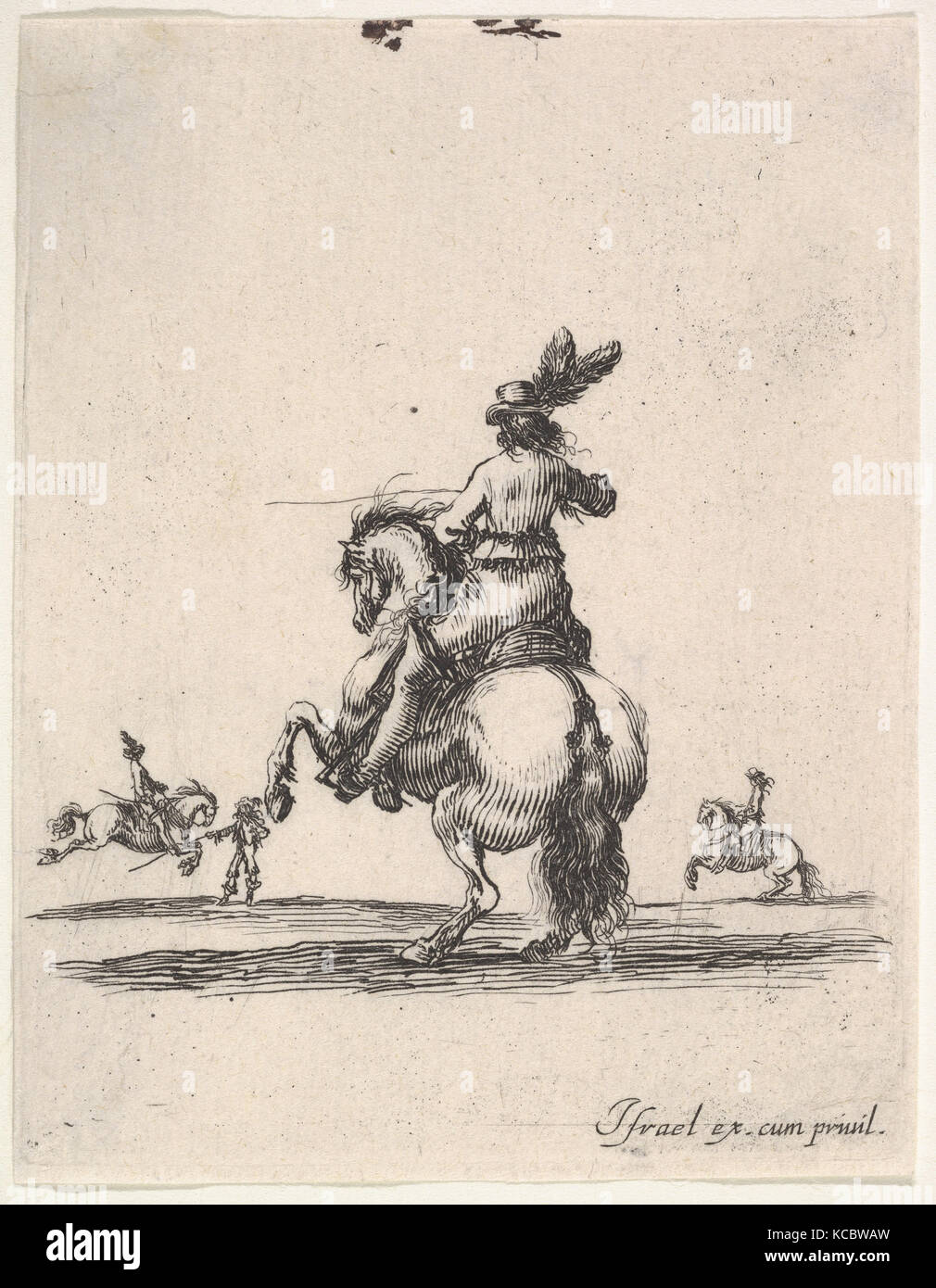 A horseman atop a rearing horse, seen from behind and turned towards the left, two horsemen in the background Stock Photo