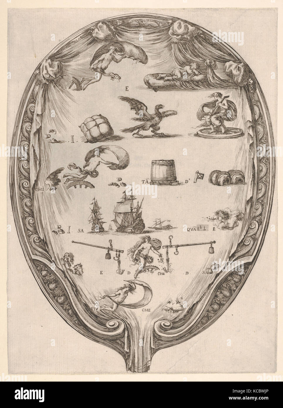 Rébus on the subject of fortune, a riddle depicted on drapery surrounded by a frame, an oval composition, Stefano della Bella Stock Photo