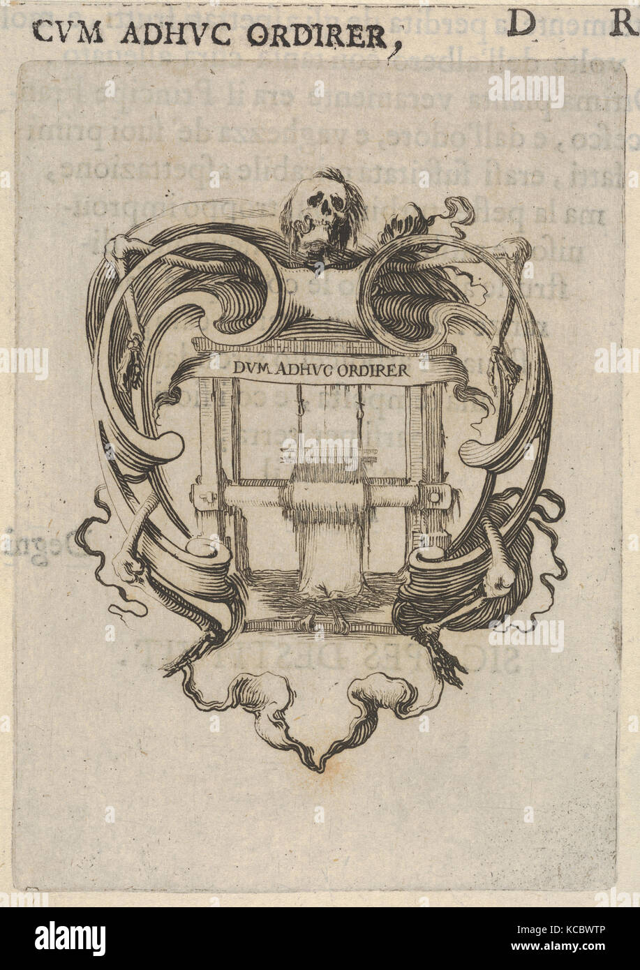 A cartouche with a loom, a skull at top, bones to either side, from ...