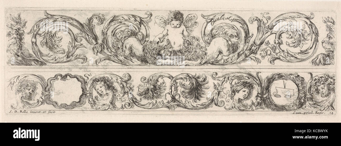 Design for Two Friezes, the One on Top containing a Zephyr flanked by Lions, Plate 14 from: 'Decorative friezes and foliage Stock Photo