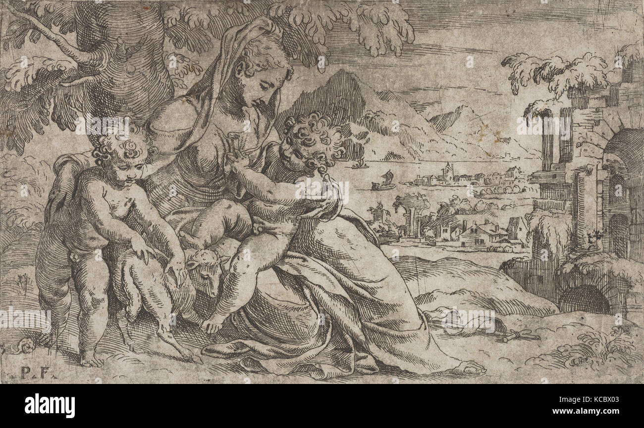 Seated Virgin and Child with St. John the Baptist on a hillside, the ...