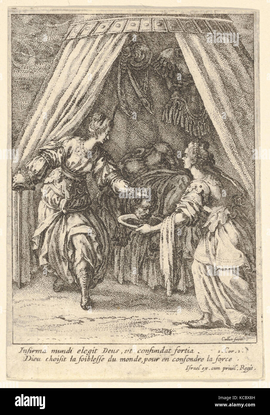 Judith placing the head of Holofernes on a tray held by an attendant, with the body of Holofernes on a canopied bed Stock Photo
