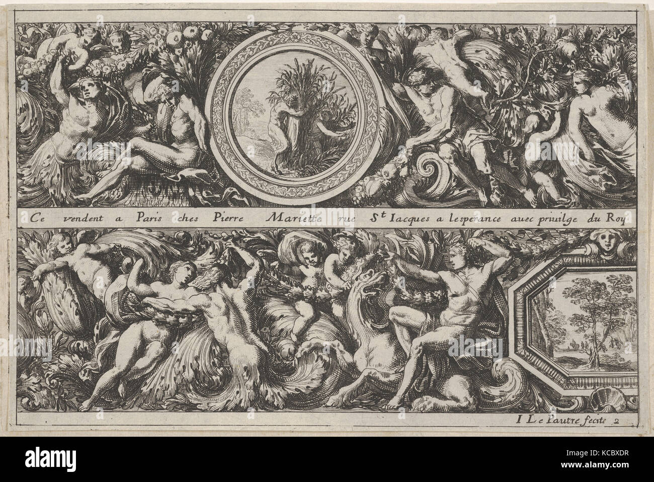 Two Designs for Friezes with Medallions, from: Frises, feuillages ou tritons marins antiques et modernes, Jean Le Pautre Stock Photo