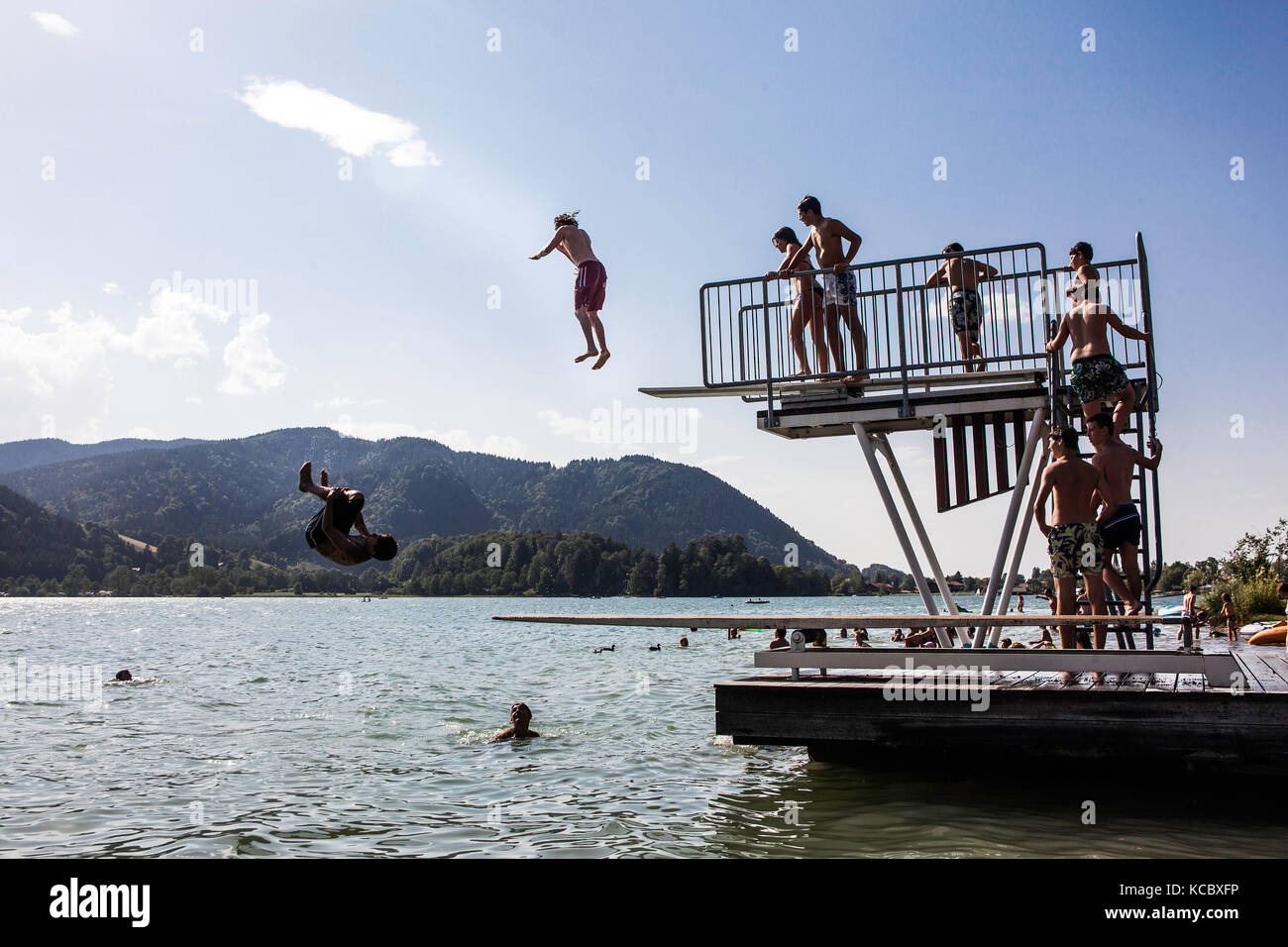 Diving tower, Strandbad, Schliersee, Upper Bavaria, Germany Stock Photo