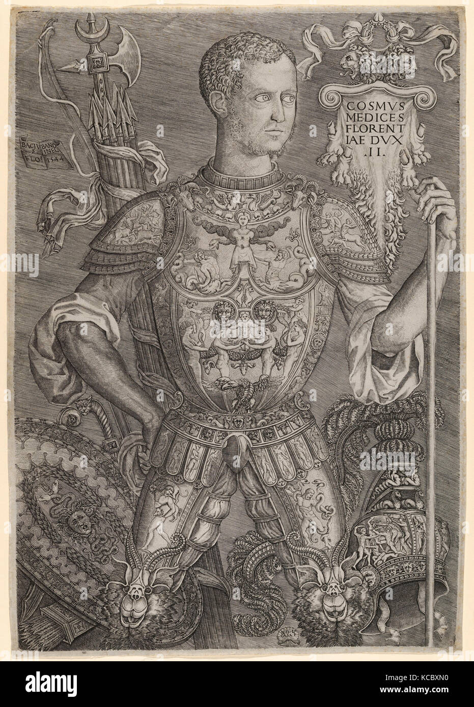 Drawings and Prints, Portrait of Cosimo de' Medici in full armour, his left hand resting on a staff, After, N. della Casa Stock Photo