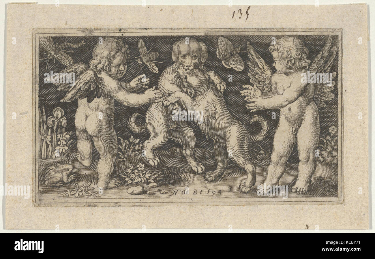 Two Genii with Two Dogs Fighting, Nicolaes de Bruyn, 1594 Stock Photo