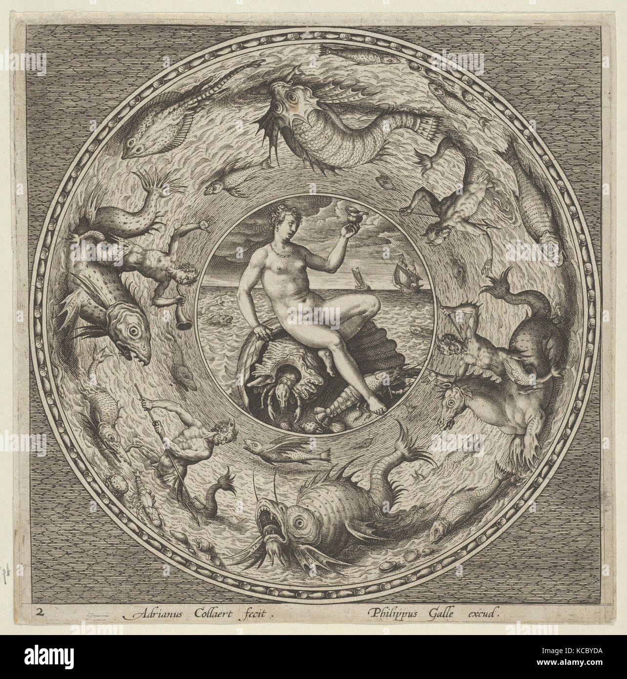 Design for a Plate with Thetis on a Shell in a Medallion Bordered by Sea Monsters, Adriaen Collaert, ca. 1600 Stock Photo