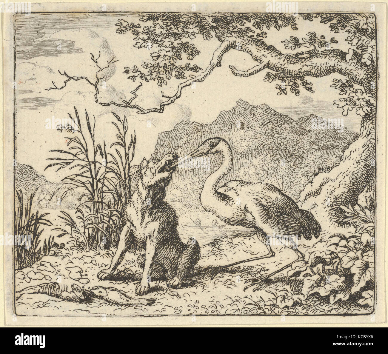 The Stork Removes a Bone from the Wolf's Throat from Hendrick van Alcmar's Renard The Fox, Allart van Everdingen, 1650–75 Stock Photo