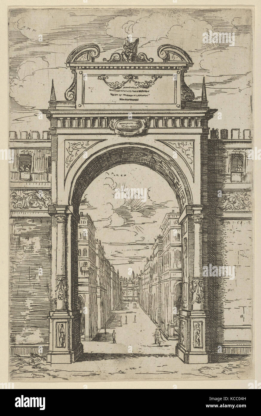 Triumphal arch surmounted by a statue of Moses, buildings seen through ...