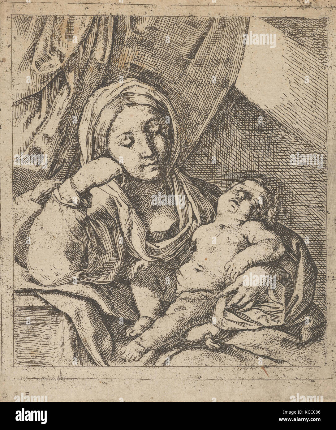 The Virgin seated, resting her head on her right hand and holding the sleeping infant Christ on her lap Stock Photo