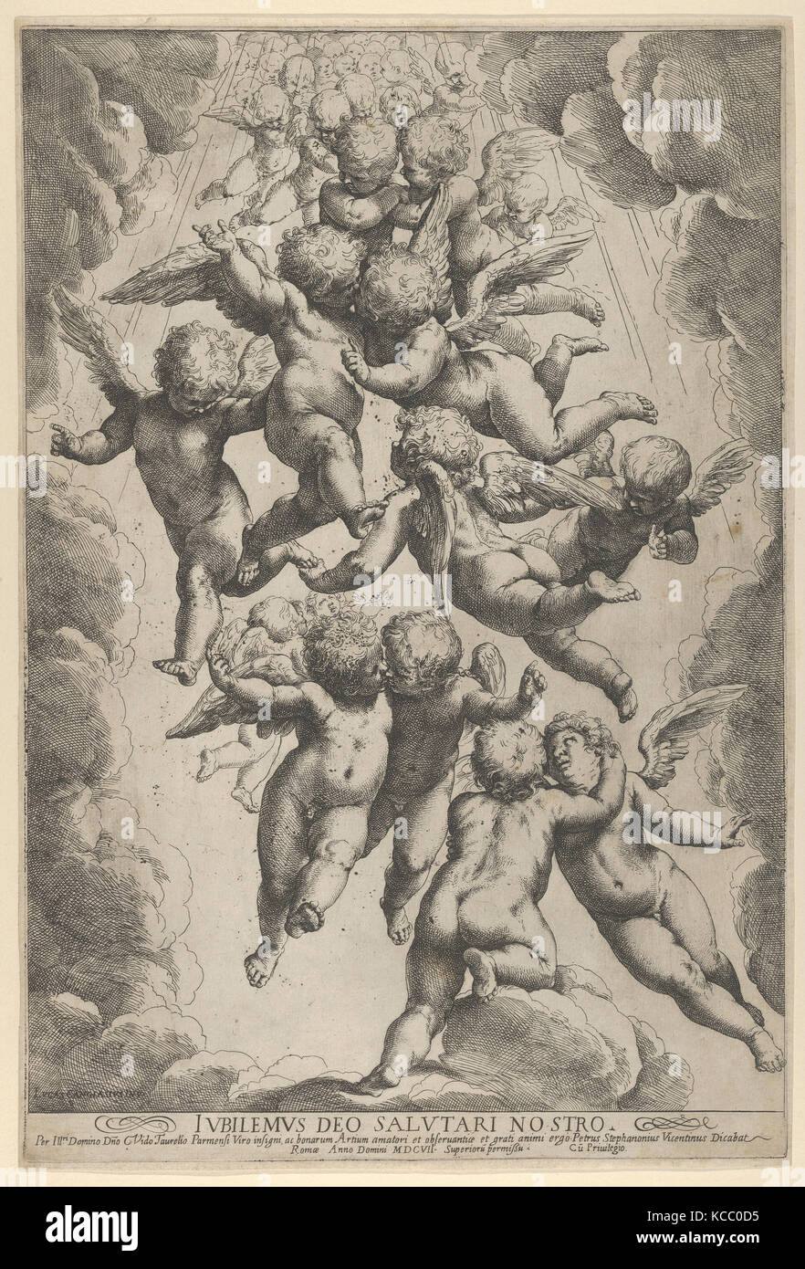 A group of angels embracing in flight, framed by clouds, Guido Reni, ca