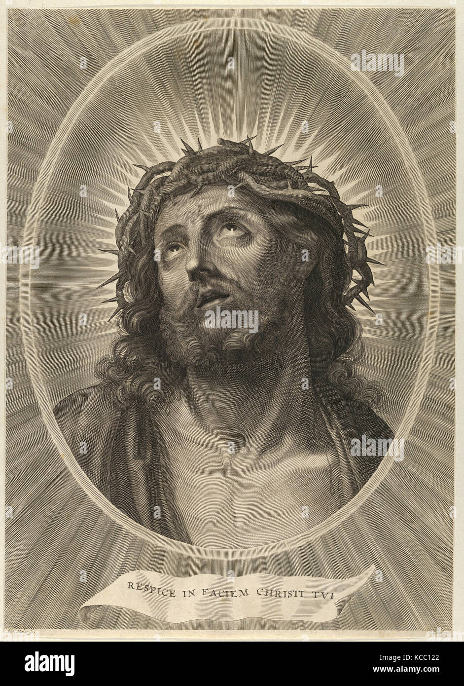 Drawings and Prints, Print, Head of Christ looking up with crown of thorns, in an oval frame, after Reni Stock Photo