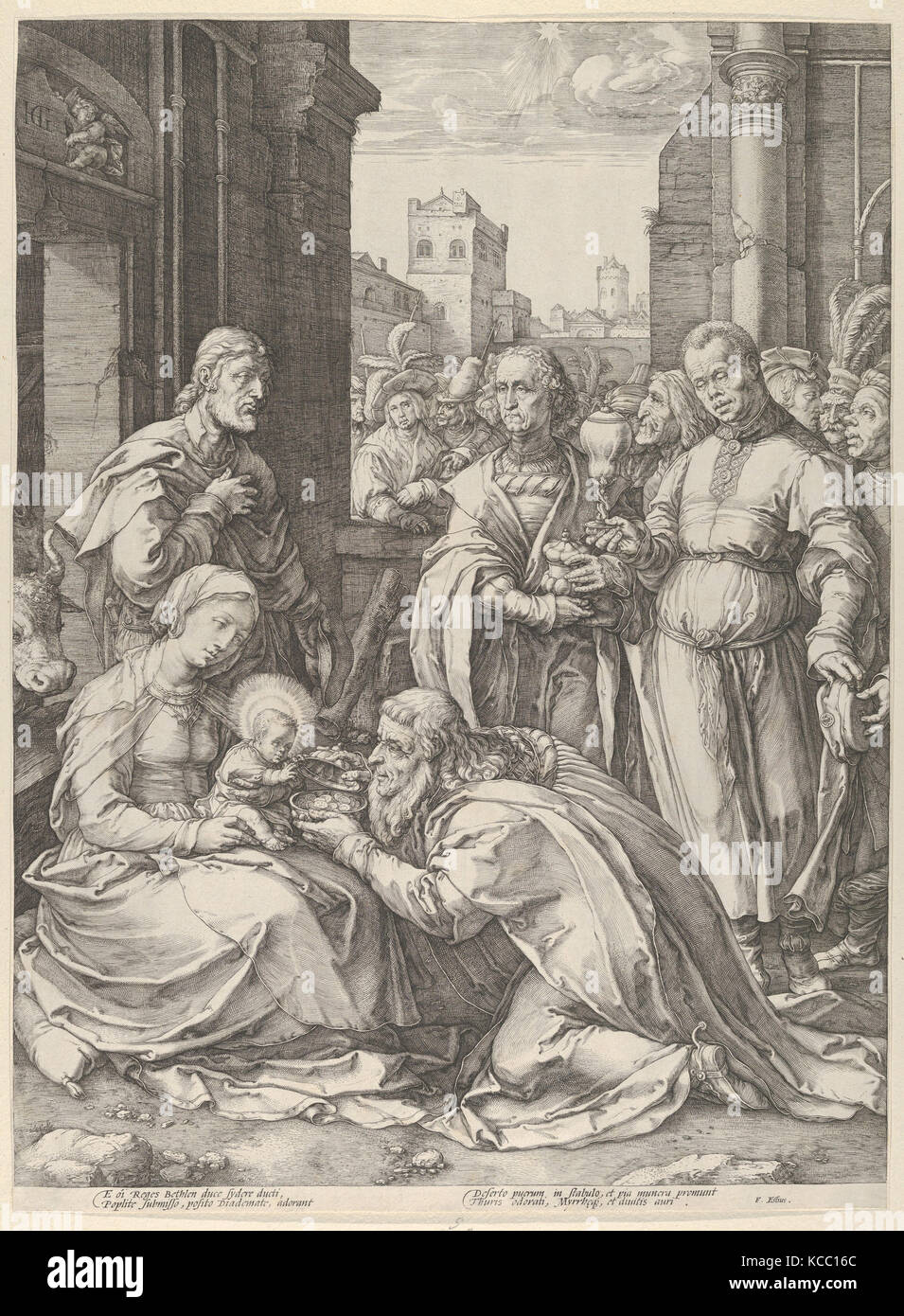 Adoration of the Magi, n.d., Engraving, sheet: 18 1/2 x 13 3/4 in. (47 x 35 cm), Prints, Hendrick Goltzius (Netherlandish Stock Photo