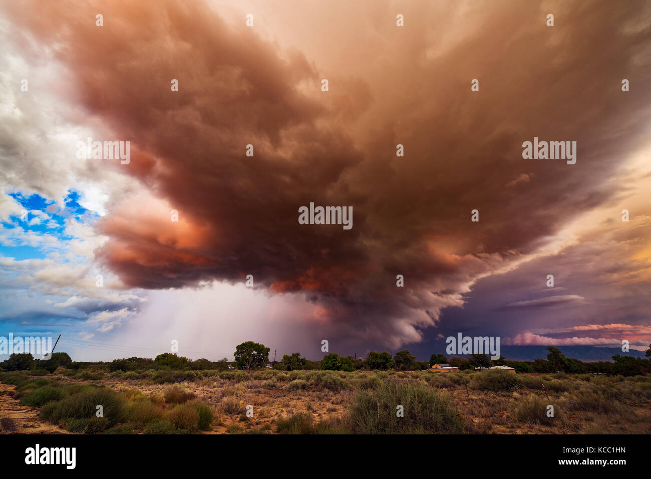 Sunset supercell thunderstorm with hail near Belen, New Mexico Stock
