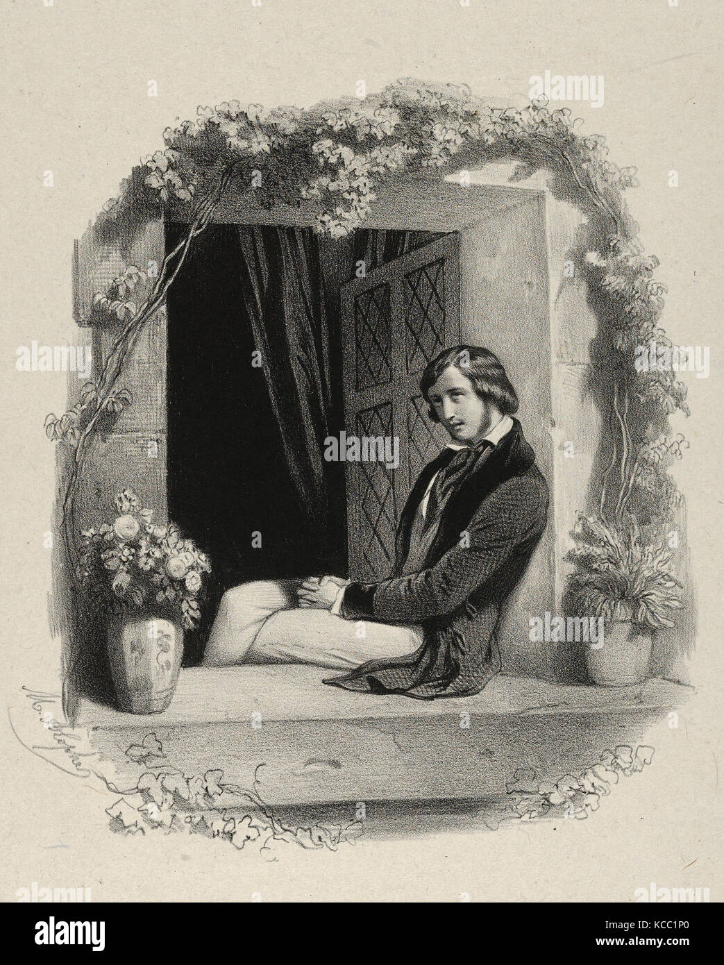 Drawings and Prints, Print, Melancholy, young man with folded hands sitting on window sill, Artist, Marie Alexandre Alophe Stock Photo