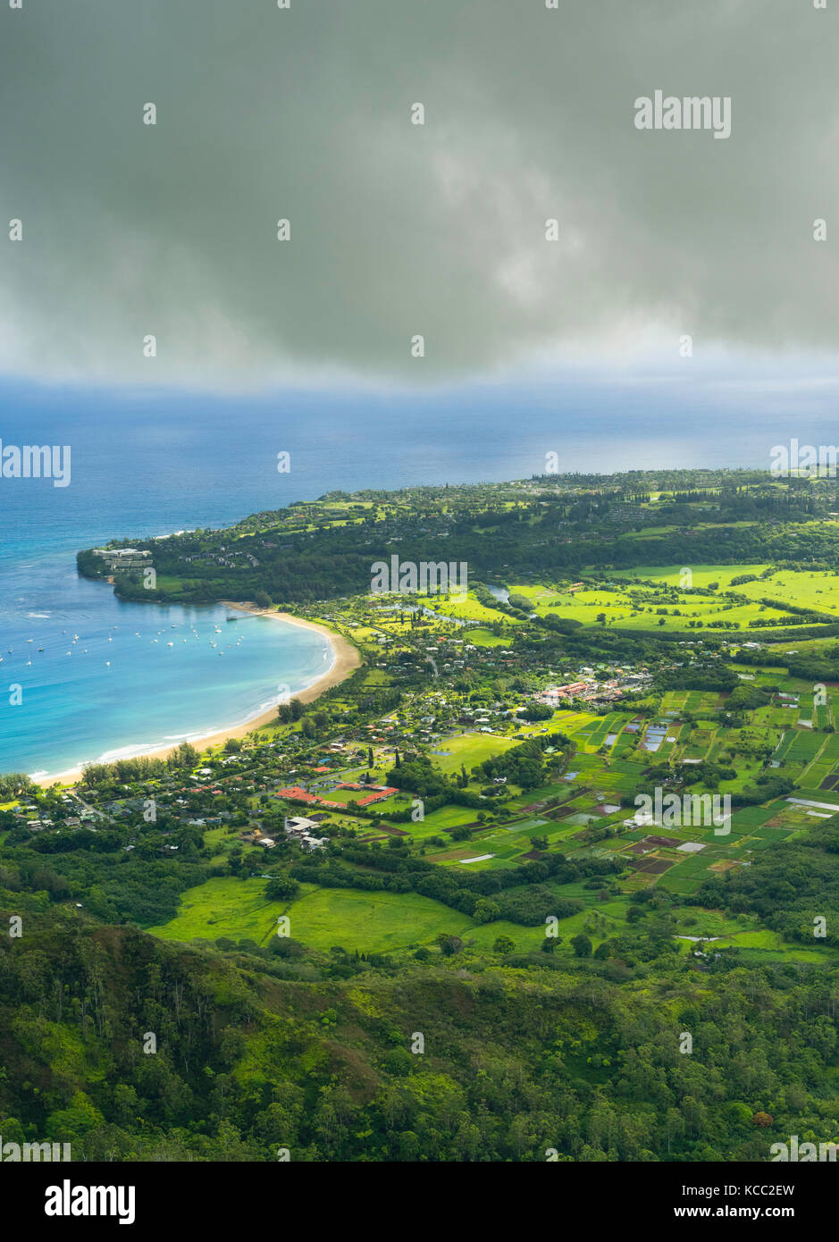 Aerial view of Princeville and Hanalei Beach on the northern coast of