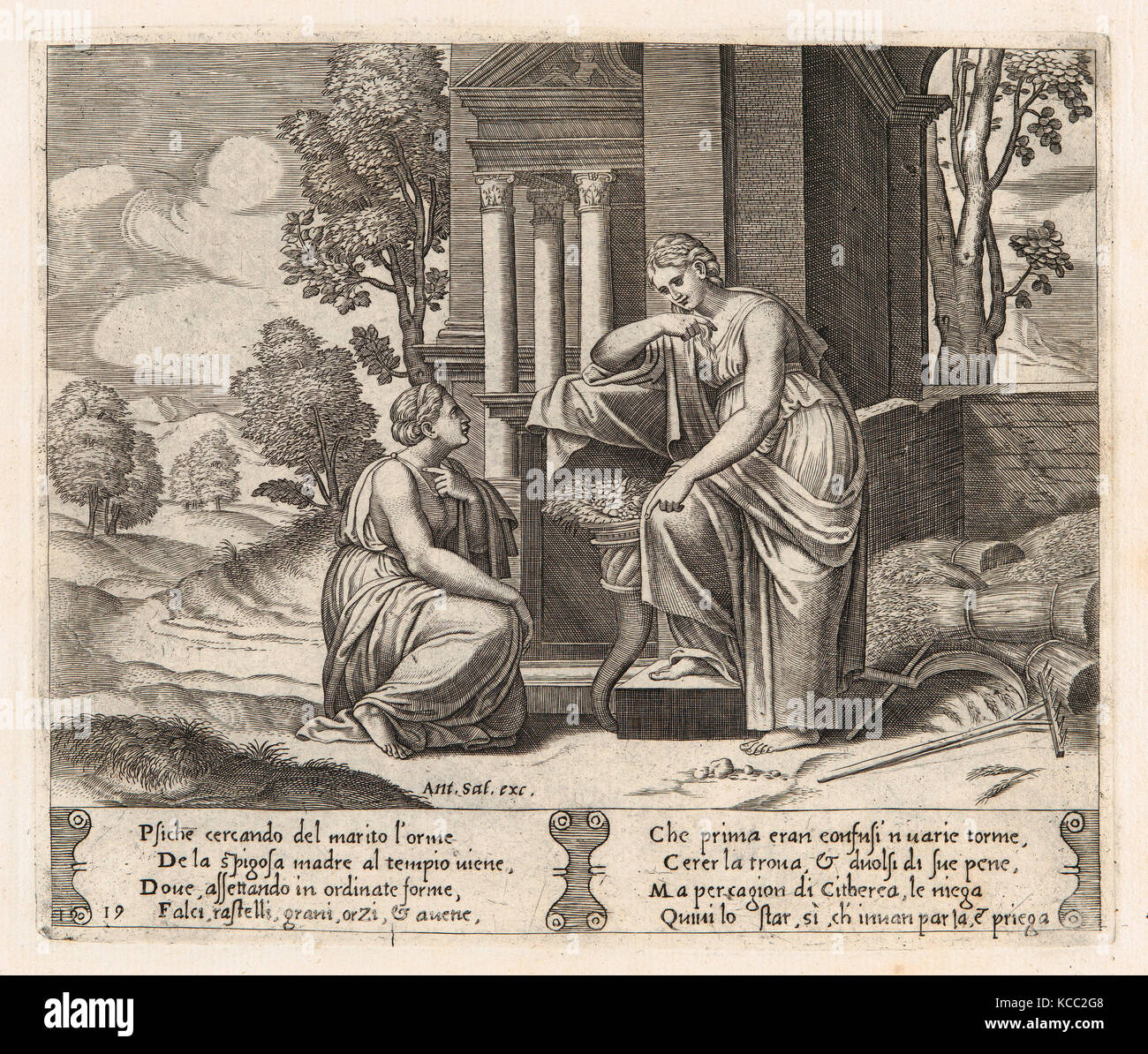 Drawings and Prints, Print, Plate 19: Ceres at right, leaning on a pedestal, refusing to assist Psyche, from the Story of Cupid Stock Photo