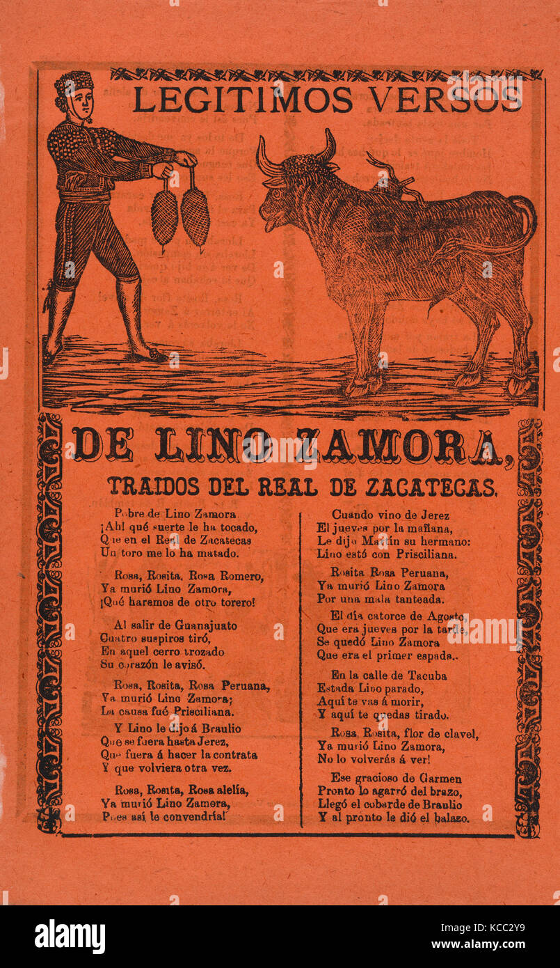 Broadside containing on recto, the legitimate verses of Lino Zamora brought from Real de Zacatecas image of toreador and bull Stock Photo
