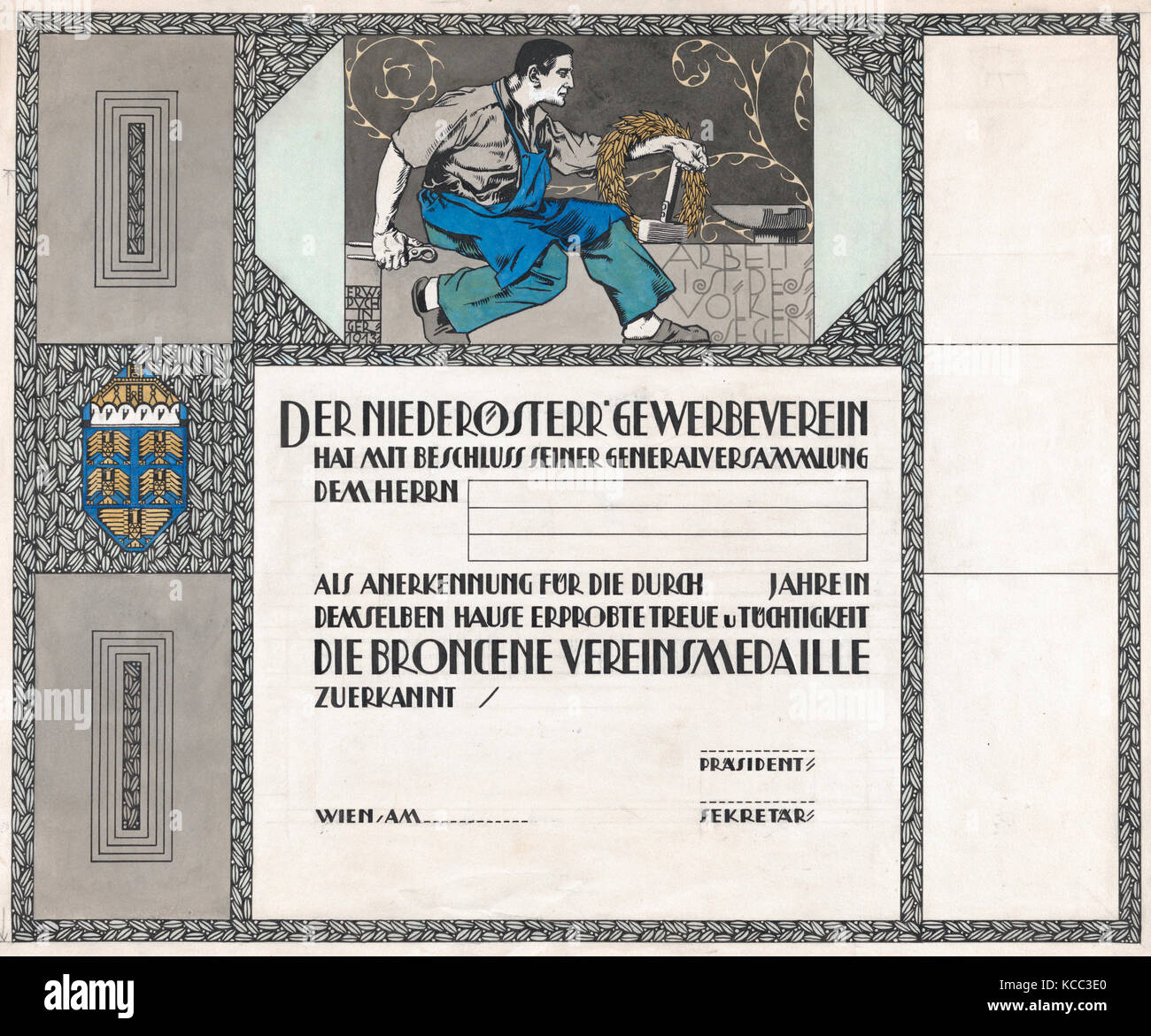 Drawings and Prints, Drawing, Design for a certificate of citizenship, awarded by the city of Vienna, Artist, Erwin Puchinger Stock Photo