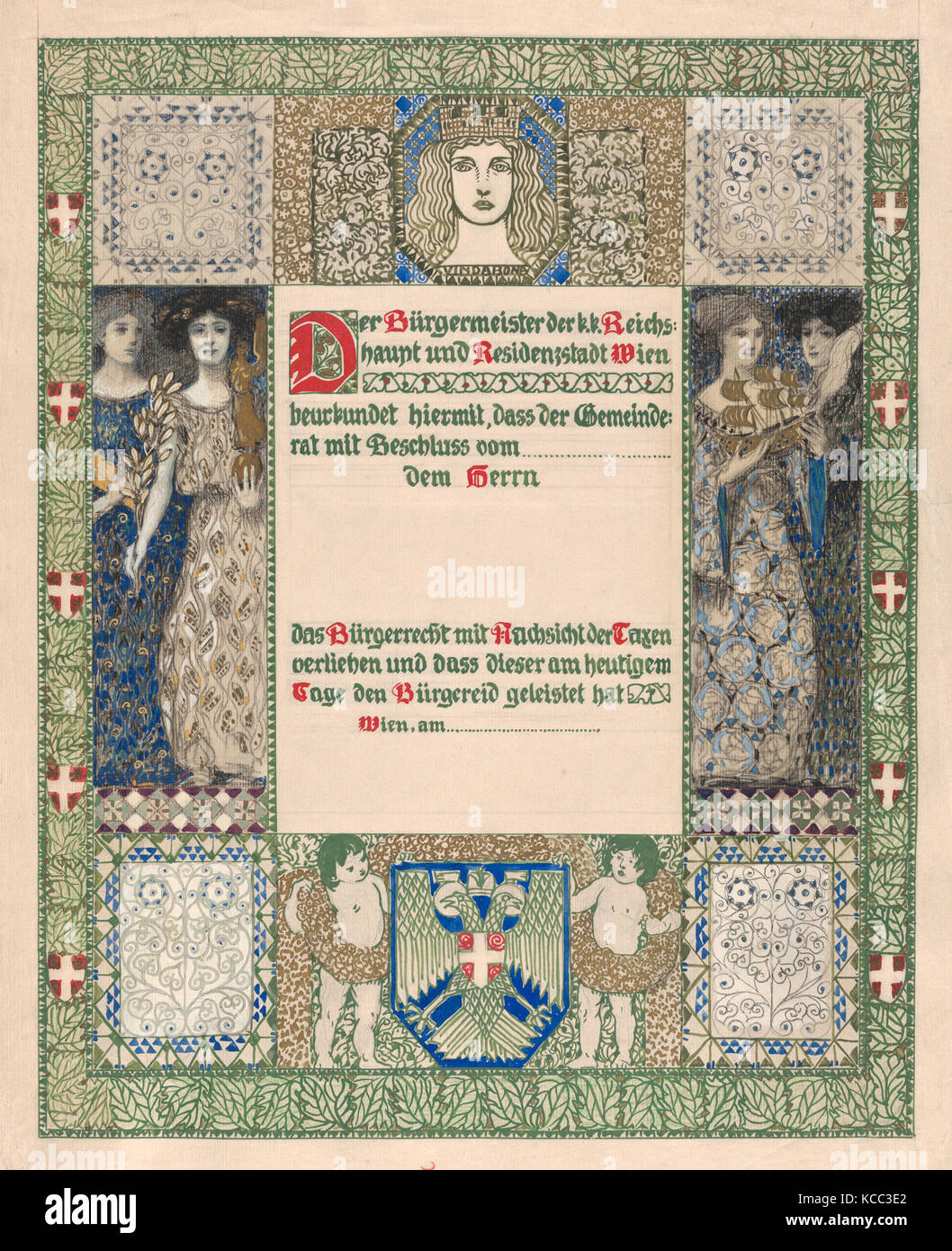 Drawings and Prints, Drawing, Design for a certificate of citizenship, awarded by the city of Vienna, Artist, Erwin Puchinger Stock Photo