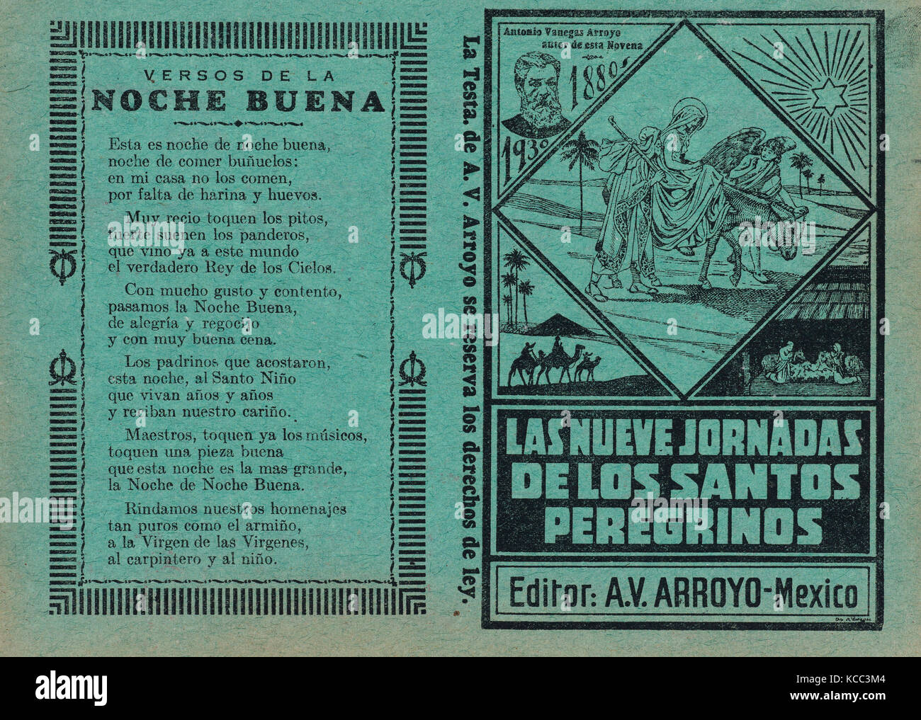 Cover for 'Las Nueves Jornadas de los Santos Peregrinos', Mary on horseback and Joseph being guided through Egypt by an angel Stock Photo