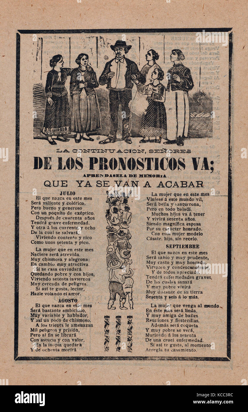 Broadsheet with monthly horoscopes; a group of women surrounding one man and a crowd of people raising their arms Stock Photo