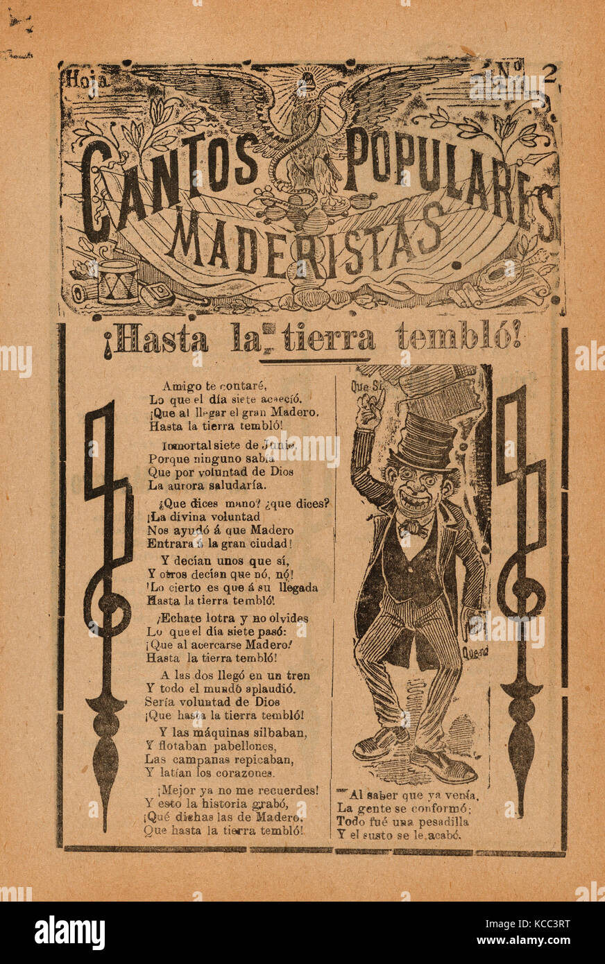 Broadsheet celebrating one of the founders of the Mexican Revolution, Francisco Madero, shown in a suit and top hat pointing to Stock Photo