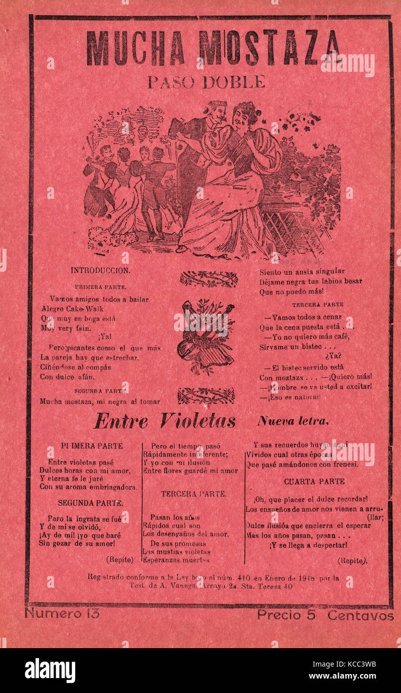 Broadsheet with songs for a two-step dance (paso doble), a man and woman talking while elegantly dressed couples dance Stock Photo