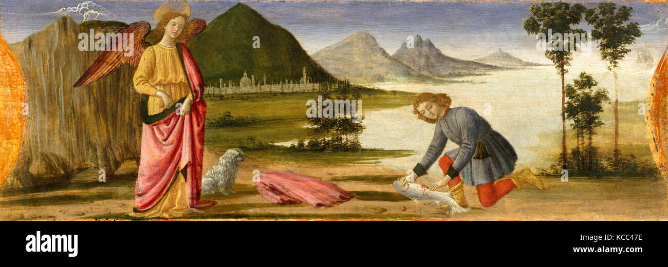 Tobias and the Angel, ca. 1479, Tempera and gold on wood, 6 1/4 x 16 1/4 in. (15.9 x 41.3 cm), Paintings, Davide Ghirlandaio Stock Photo