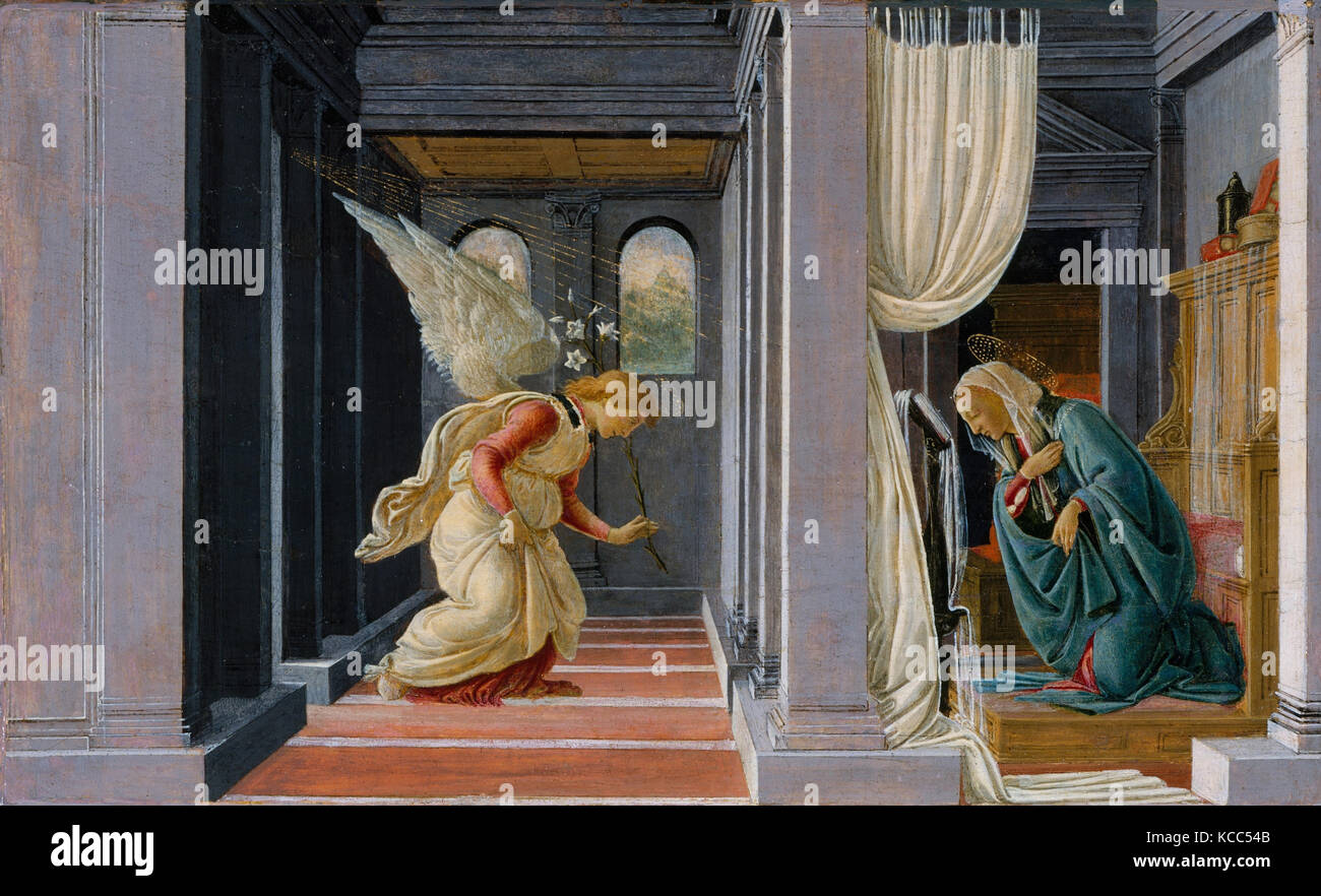 The Annunciation, ca. 1485, Tempera and gold on wood, 7 1/2 x 12 3/8 in. (19.1 x 31.4 cm), Paintings, Botticelli (Alessandro di Stock Photo