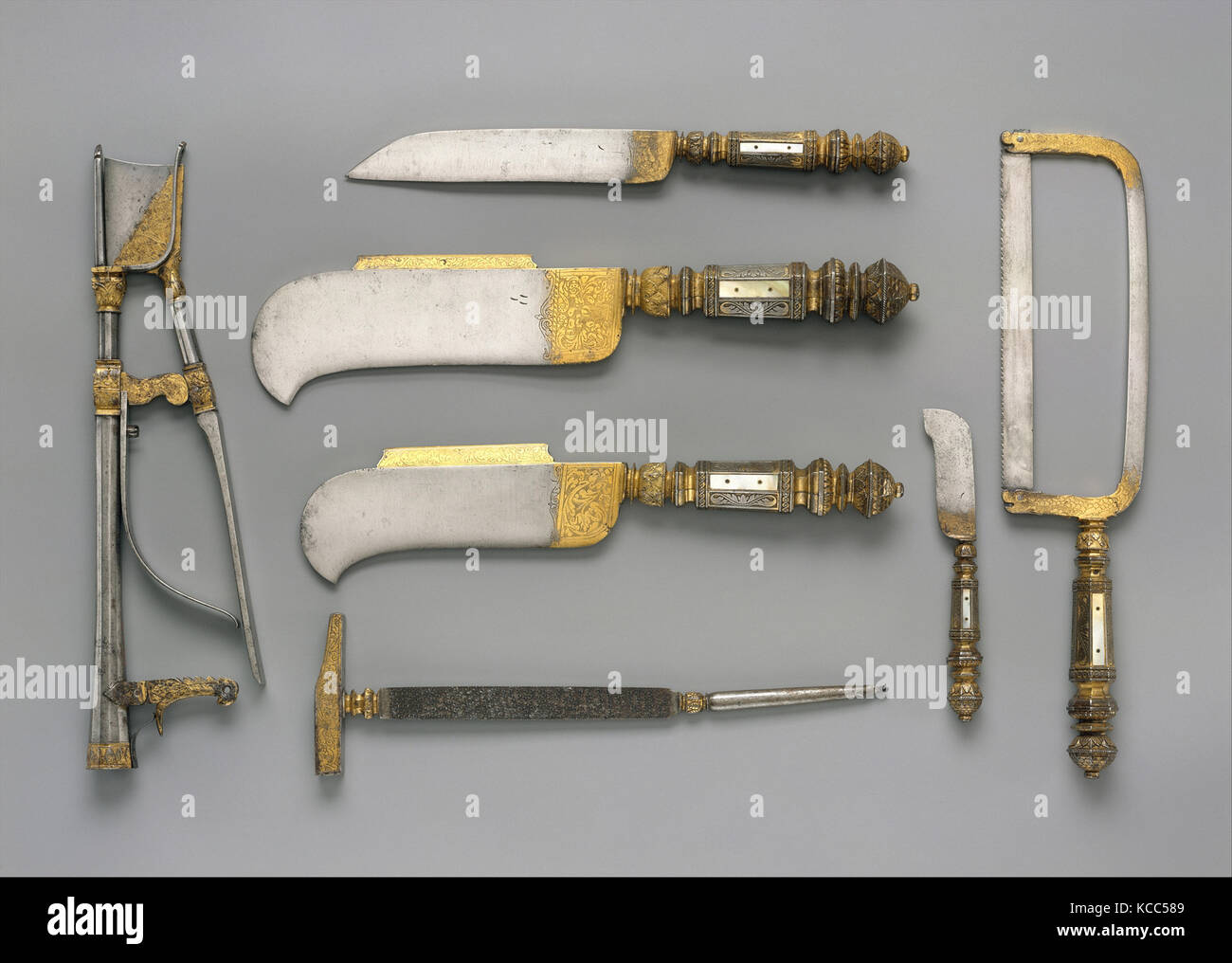 Set of seven pruning tools, 1575–1600, French, Moulins, Steel, partly gilded; mother-of-pearl, Tool (.1470): 3 5/16 × 5/8 × 12 Stock Photo