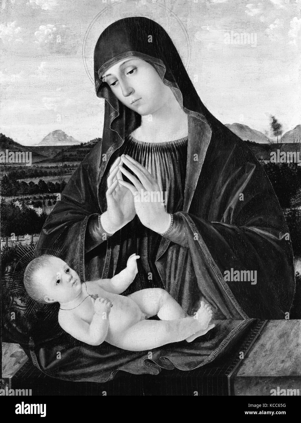 Madonna Adoring the Child, Tempera and oil on wood, 26 5/8 x 19 1/2 in. (67.6 x 49.5 cm), Paintings, Antonello de Saliba Stock Photo