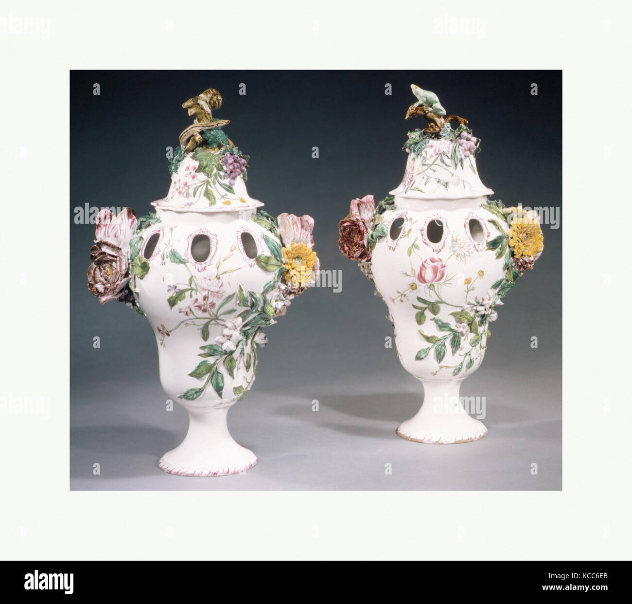 Pair of potpourri vases, ca. 1760, French, Marseilles, Faience (tin
