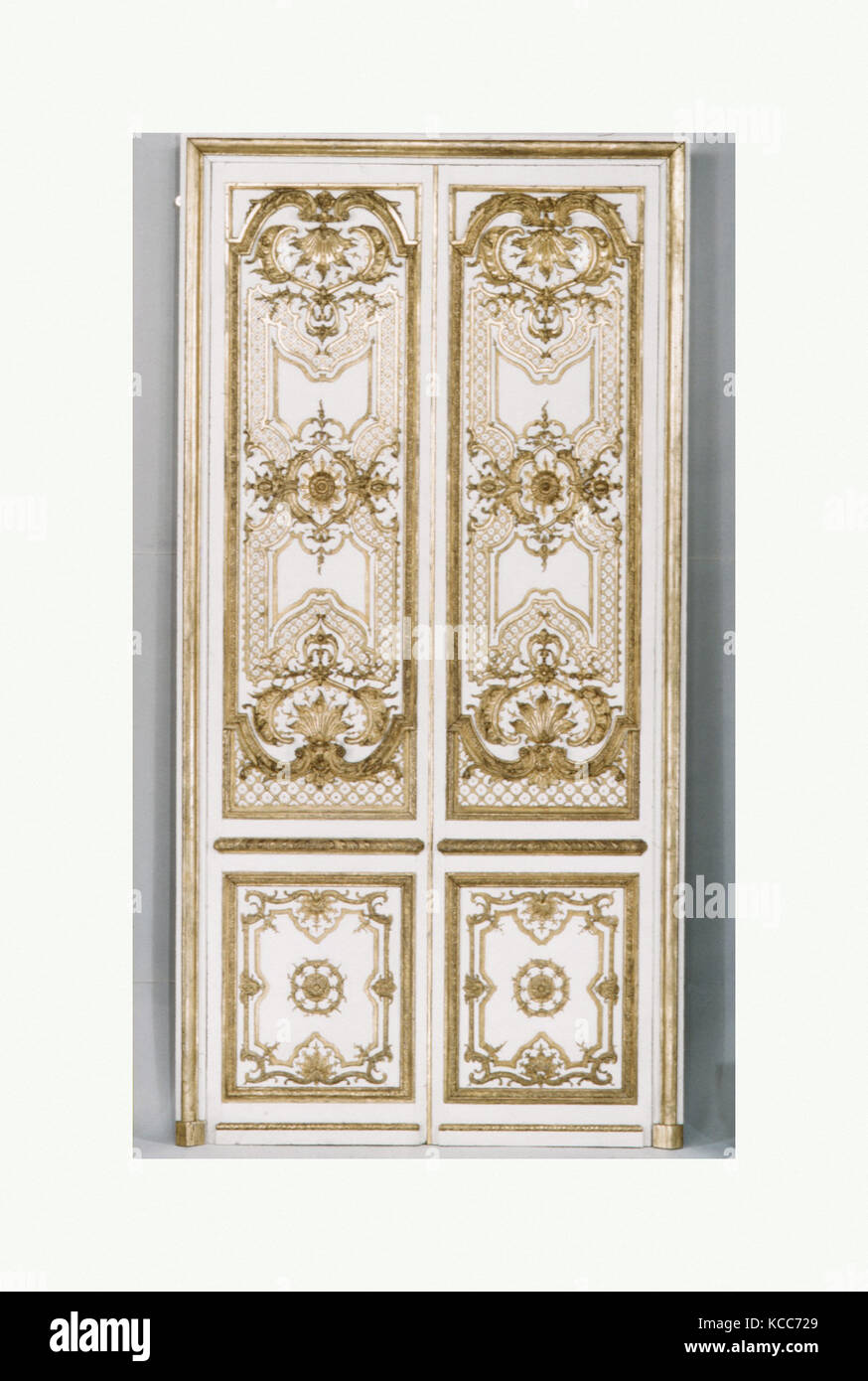Double door: four panels, two pilasters, three gilt moldings for the door frame, ca. 1715 Stock Photo