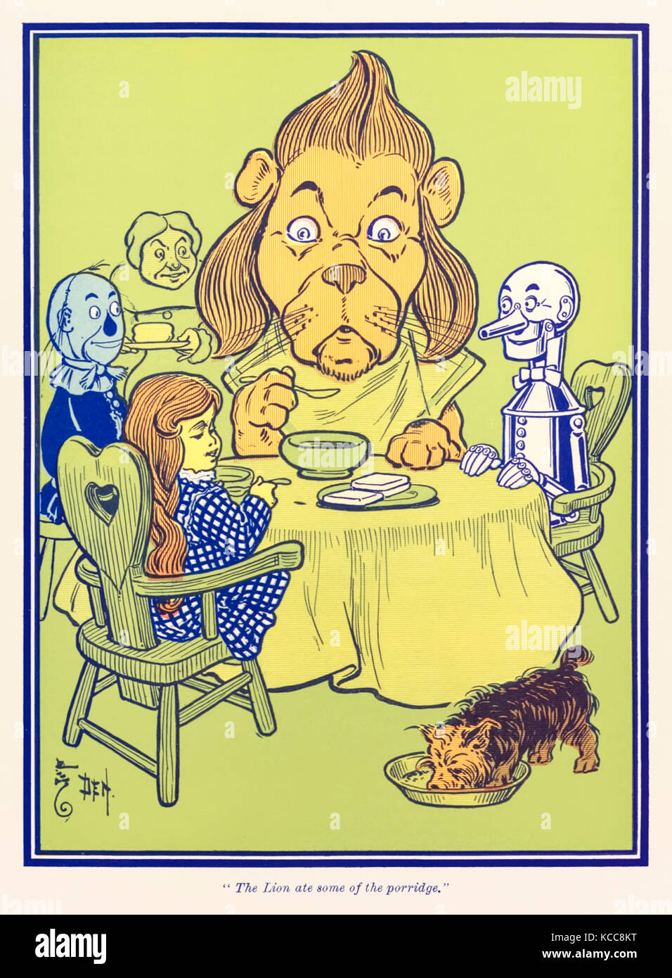 “The Lion ate some of the porridge.” from ‘The Wonderful Wizard of Oz’ by L. Frank Baum (1856-1919) with pictures by W. W. Denslow (1856-1915). See more information below. Stock Photo