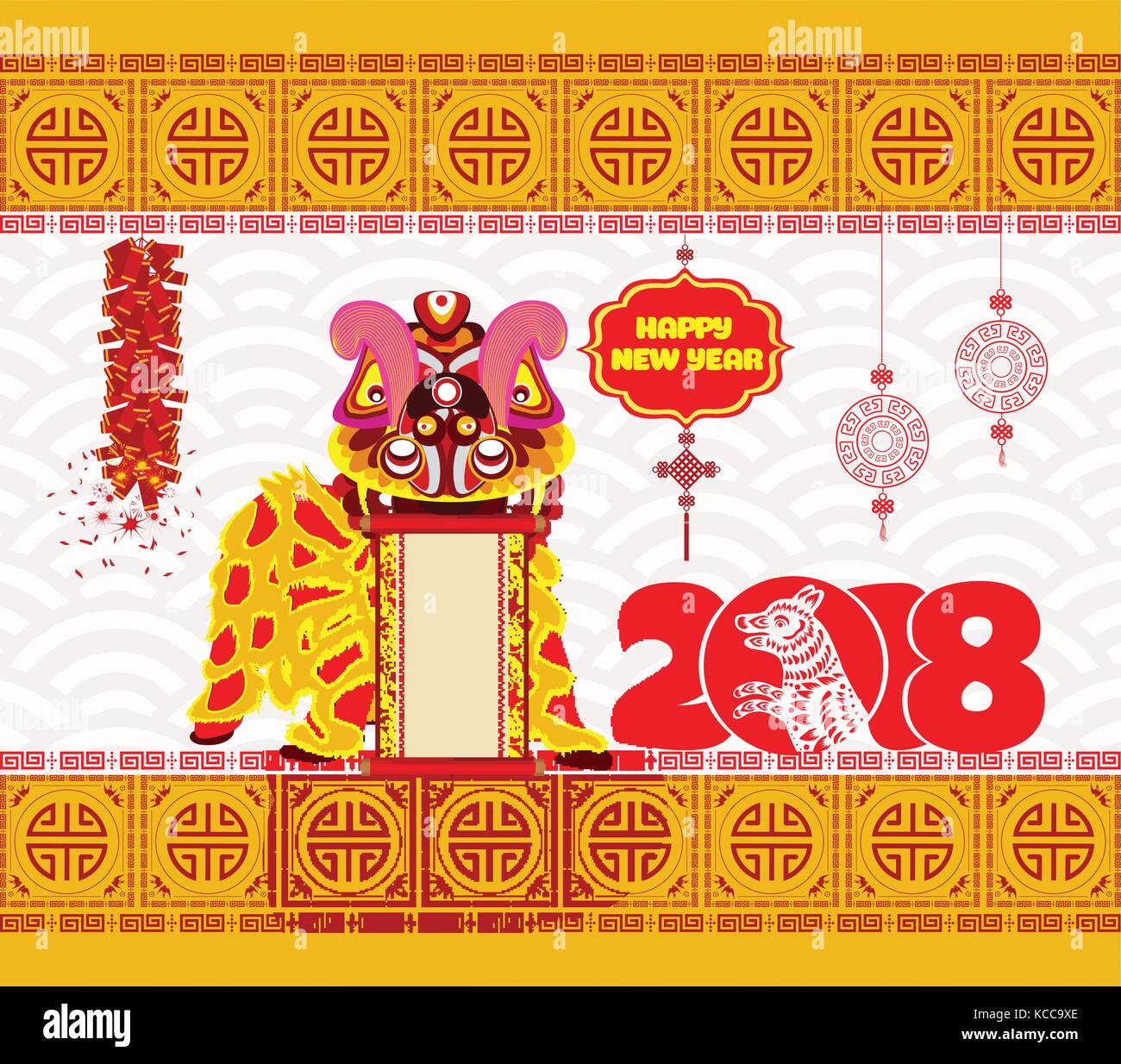Lion dancing head and chinese new year 2018 with firecracker Stock Vector
