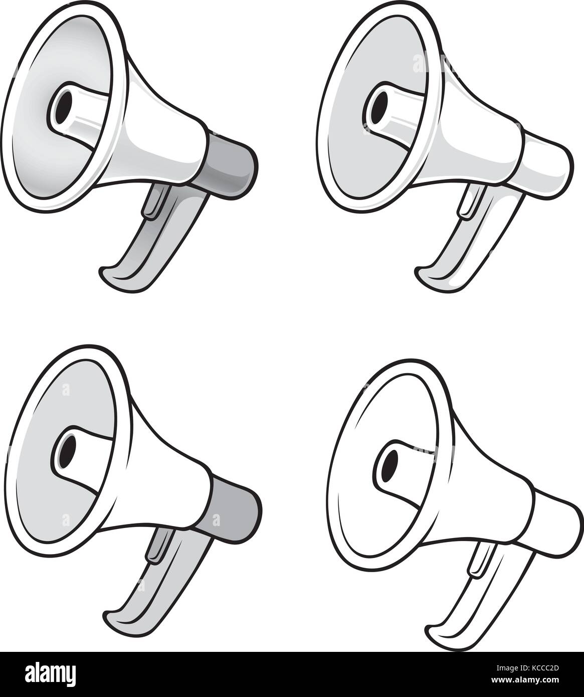 Vector illustration of a bullhorn. There are four versions of it ranging from the simplest black and white drawing to gray scale shaded drawing. Stock Vector