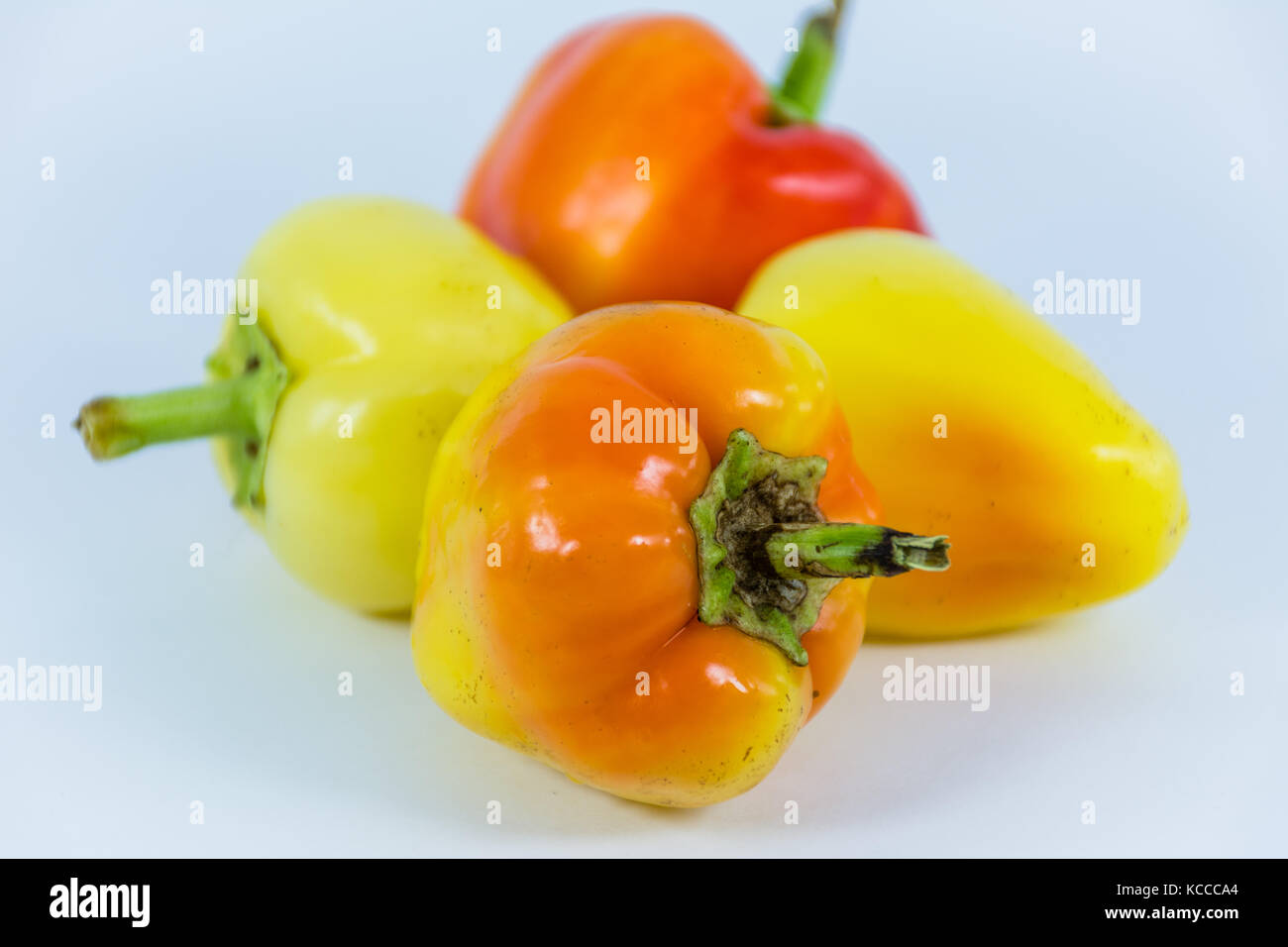 lot of yellow peppers on white background Stock Photo - Alamy